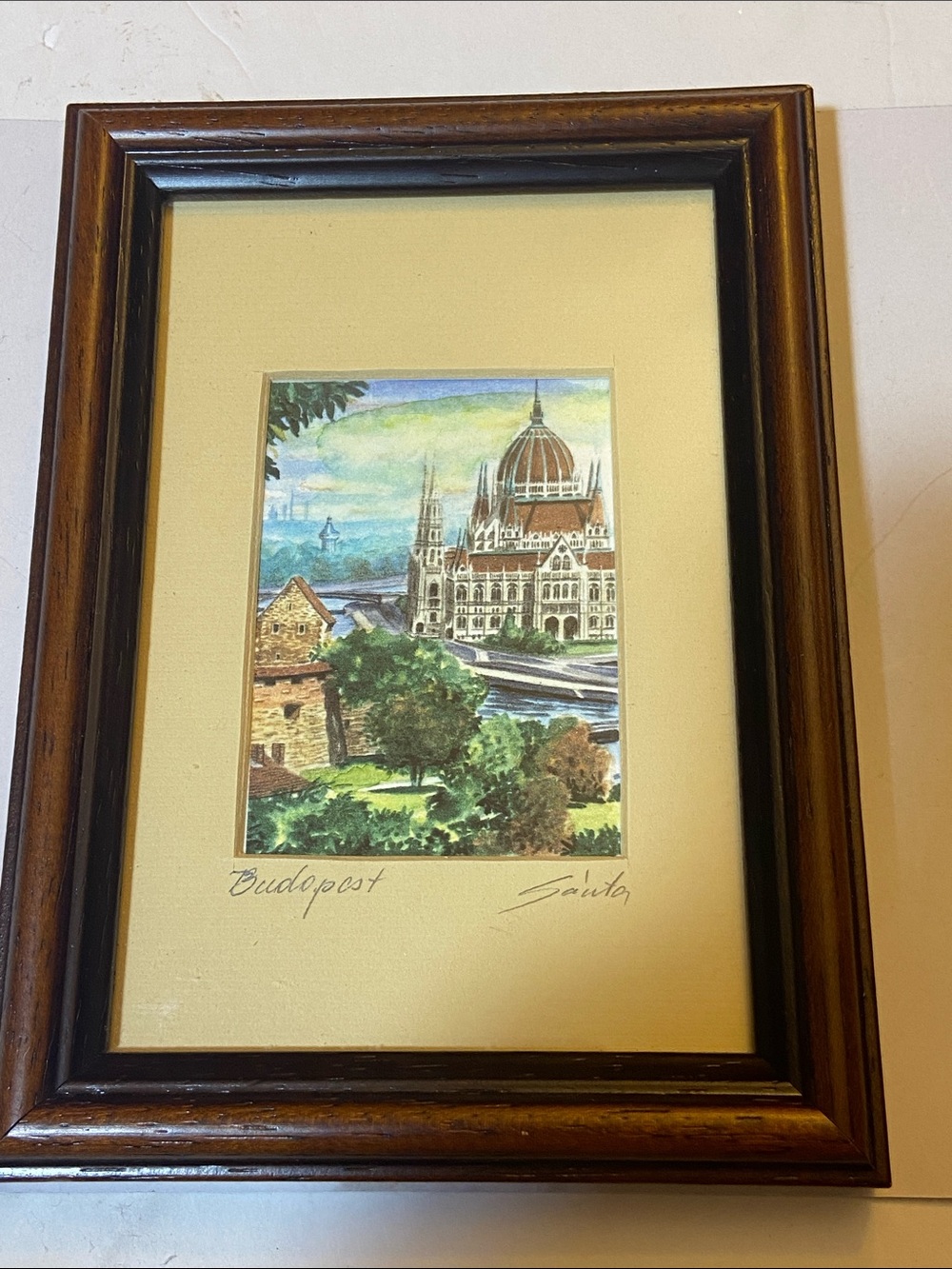 Santa Istvan Framed Budapest Parliament Watercolor Мiniature Print 4.5 x 6”